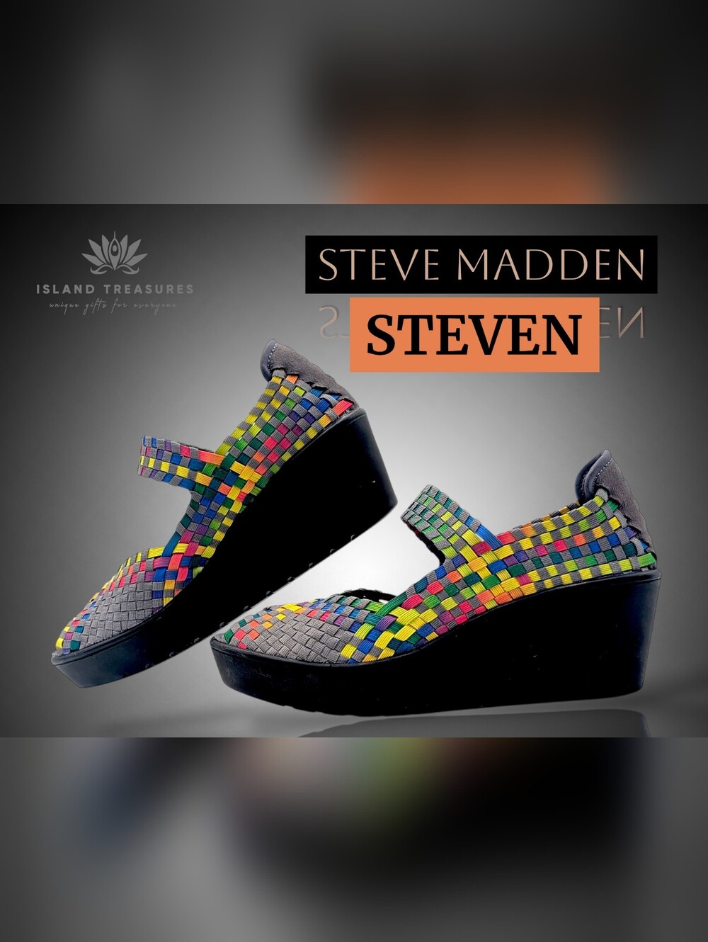 Steven By Steve Madden Brynn Size 7.5 Rainbow Multi Woven Peeptoe Chunky Sandals